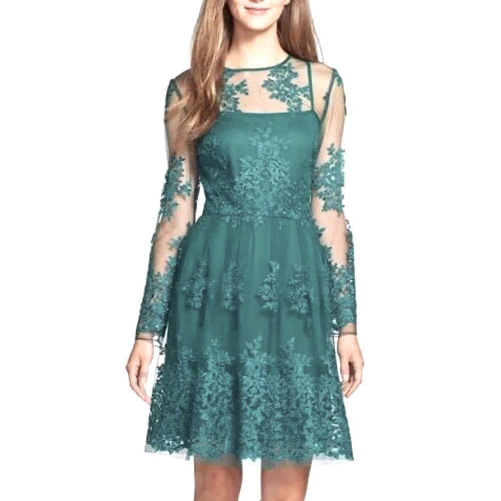 Taylor Dresses Teal Lace Midi Dress